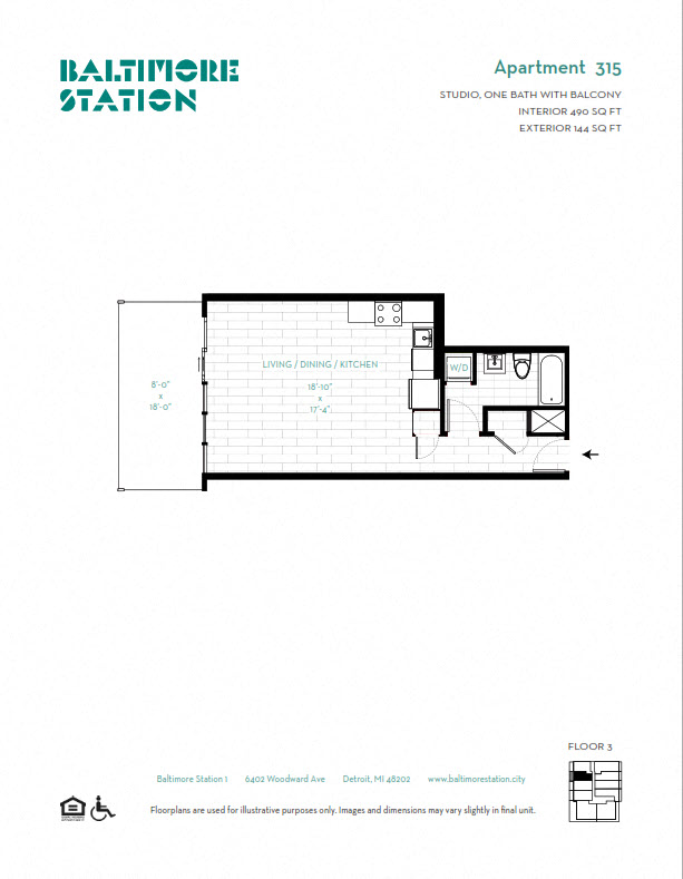 Floor plan for studio, 1 bath, 490 sqft